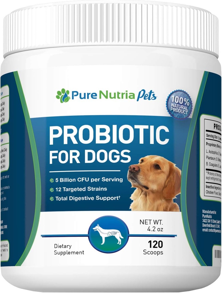Dog Probiotics Dog Supplements - for Dog Diarrhea, Upset Stomachs, Yeast, Gas, Dog Allergy and Dog Immune System Support - Made in USA - 12 Targeted Strains 5 Billion CFU - 120 Scoops