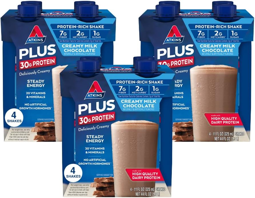 Atkins のクリーミー ミルクのチョコレート PLUS 蛋白質の揺れ、30g 蛋白質、7g 繊維、2g 純炭水化物、1g 砂糖、Keto の友好的、低い炭水化物、高い蛋白質の飲み物、12 の計算