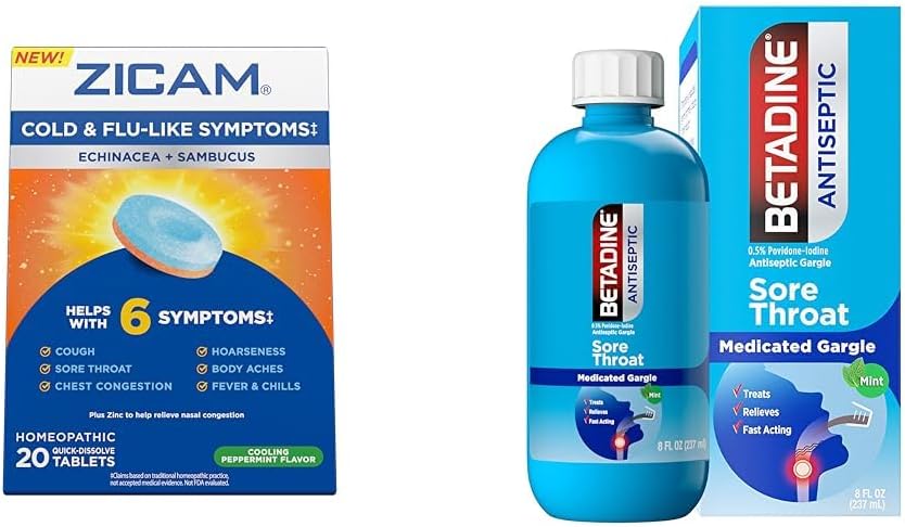 Zicam 冷たい症状の救済 Betadine Sore Throat Gargle、Echinacea & Sambucus Homeopathic タブレット、20 カウント & 8 FL OZ