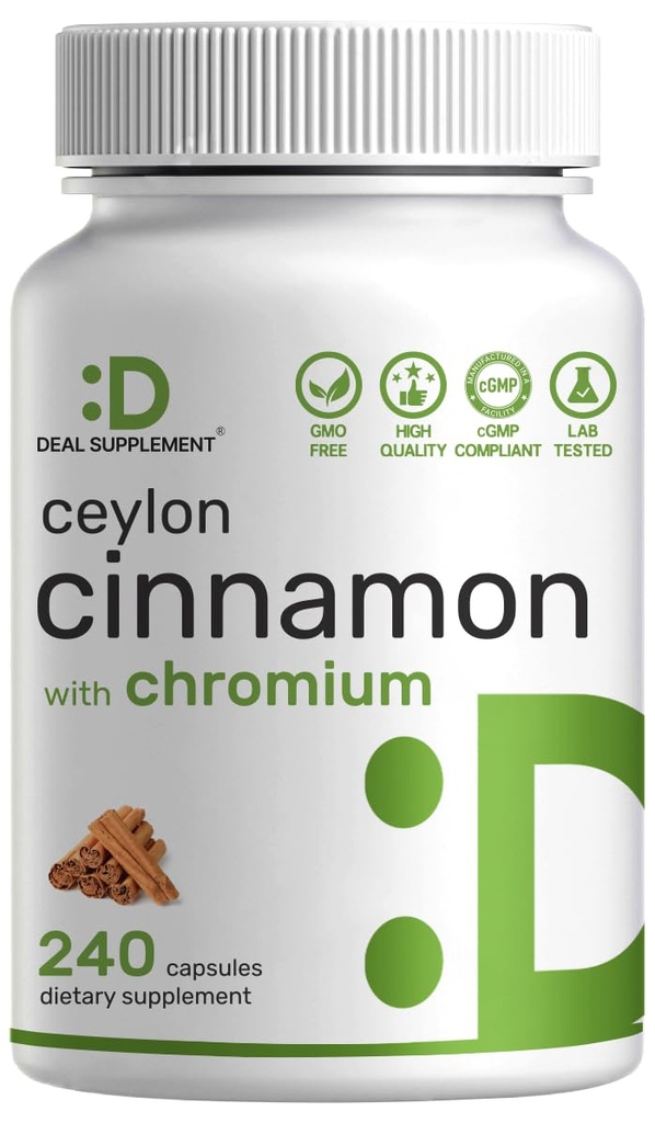 クロム1000mcg、240のカプセルが付いているCeylonのシナモン 活動的な内部の樹皮のエキス、真のスリランカの源 自然なシナモンの補足