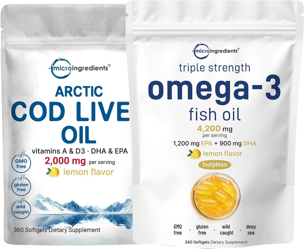 トリプル強度オメガ3魚油は、サービング&タラ肝油あたりの4200mgを補う 360Softgels | レモン風味 - 煮込み - ワイルドキャッチ - アークティック深海魚