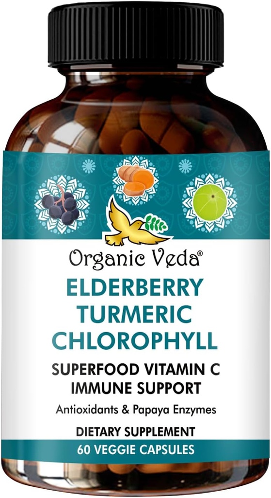 Organic Veda Elderberry Turmeric Chlorophyll Immune Support Supplement - Superfoods Antioxidants, Green Vitamin C, Grape Seed Extract, Acerola, Moringa & Papaya Enzymes - 60 Vegan Capsules