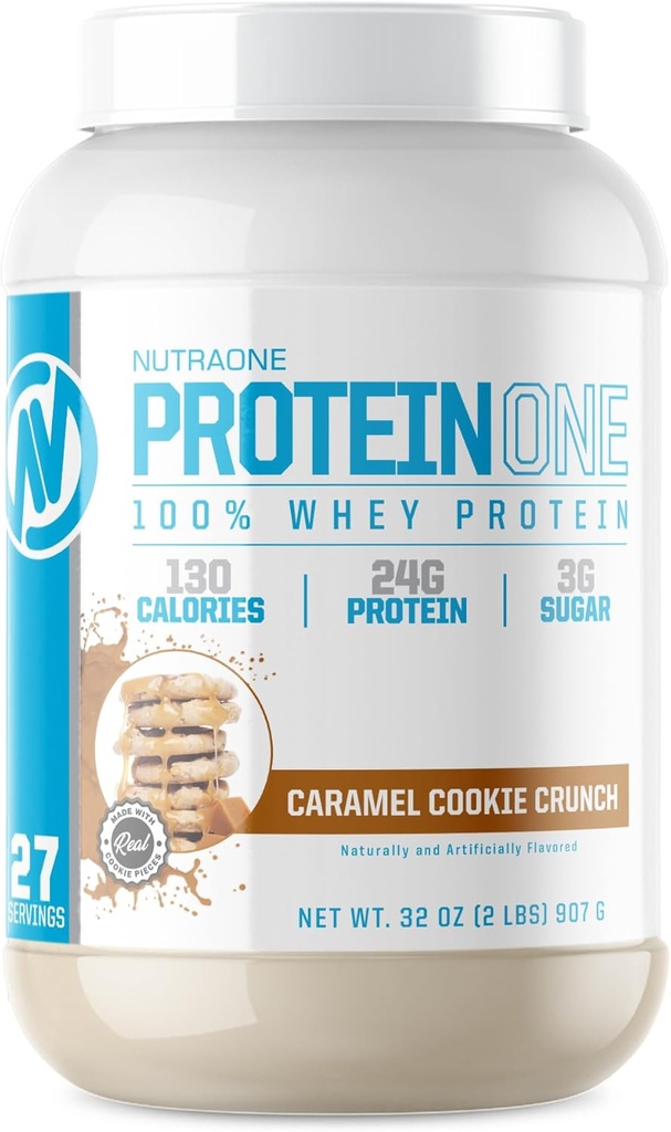 NutraOne ProteinOne Whey Proteinは、男性と女性のためのプロテインシェイクパウダー(Caramel Cookie Crunch、2 LB)で回復と筋肉を構築します。