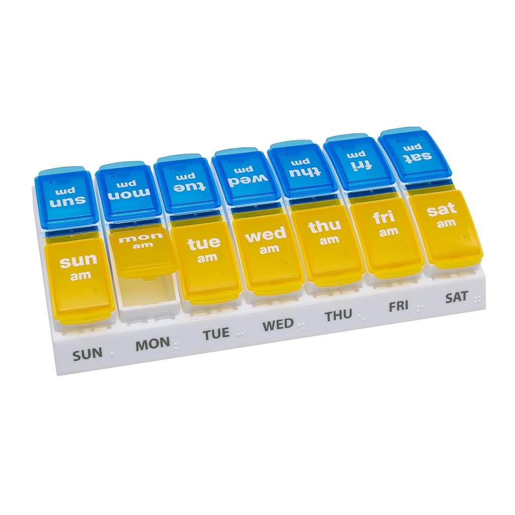 EZY DOSE Weekly AM/PM Pillのオルガナイザー、大きいポップアップのコンパートメントが付いている7日ビタミンおよび薬箱、容易な投薬のための日の丸薬のホールダー2回、黄色および青いふた、旅行フレンドリーの設計