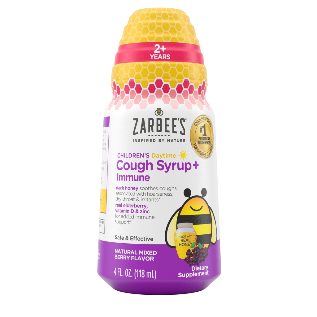 Zarbee's Children's Daytime Honey Cough Syrup + Kids 2 + 子供のための免疫, ソーシングダークハニーと咳シロップ, 実際のエルダーベリー, ビタミンD&亜鉛, 薬&アルコールフリー, 混合ベリー, 4 fl. oz