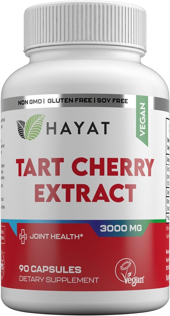 HAYAT Vitamins Vegan Natural Tart Cherry Extract 3000 MG, 3 Month Supply, Potent 10:1 Extract, All Natural, Certified Halal, 90 Capsules,