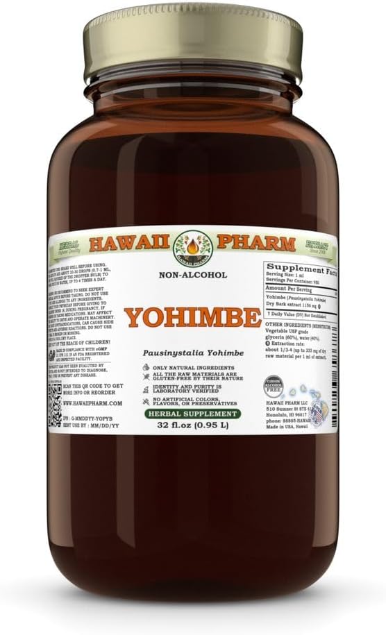 Yohimbe (Pausinystalia Yohimbe) ドライバーク グリセライト, ハワイ製, すべてナチュラル, 完全菜食主義者の, ラボ アルコールフリー液体エキス - 32 fl.oz