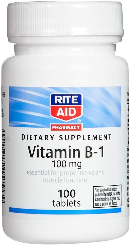 Rite Aid Vitamin B-1 (Thiamine), 100 mg - 100 Tablets | Essential for Proper Nerve and Muscle Function | Nerve & Muscle Support | Vitamin B1 | B1 Vitamin | Thiamine B1 Supplement | Thiamine B1
