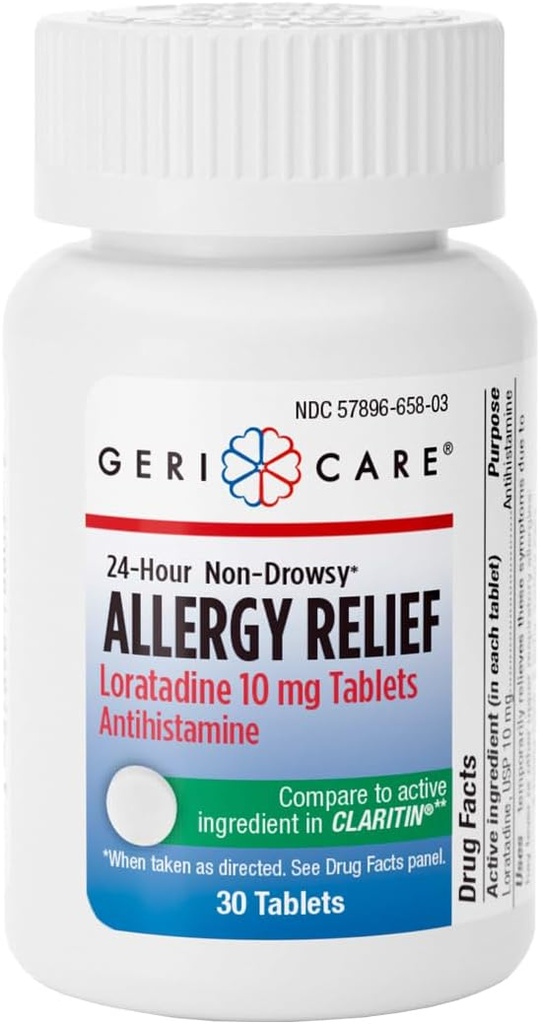 GeriCare Loratadine 10mg Non-Drowsy 24-Hour Allergy Relief, Antihistamine Allergy/Sinus Support Tablets for Runny Nose, Sneezing, Itchy, 30 Count, 1 Pack.