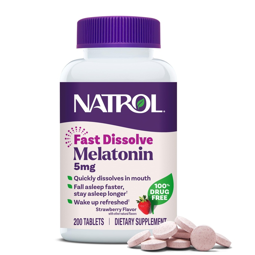 NatrolのMelatonin 5mgの速い分解のタブレット、大人のための睡眠サポート補足、いちごの味、200のタブレット、200までの日の供給