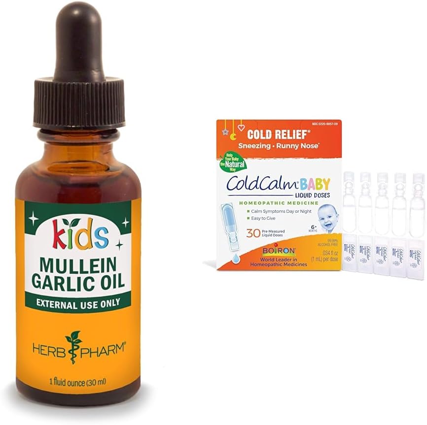 Herb Pharm Kids Mullein Garlic Oil and Boiron ColdCalm Baby Drops for Cold Symptoms Relief, 1 Fl Oz and 30 Count