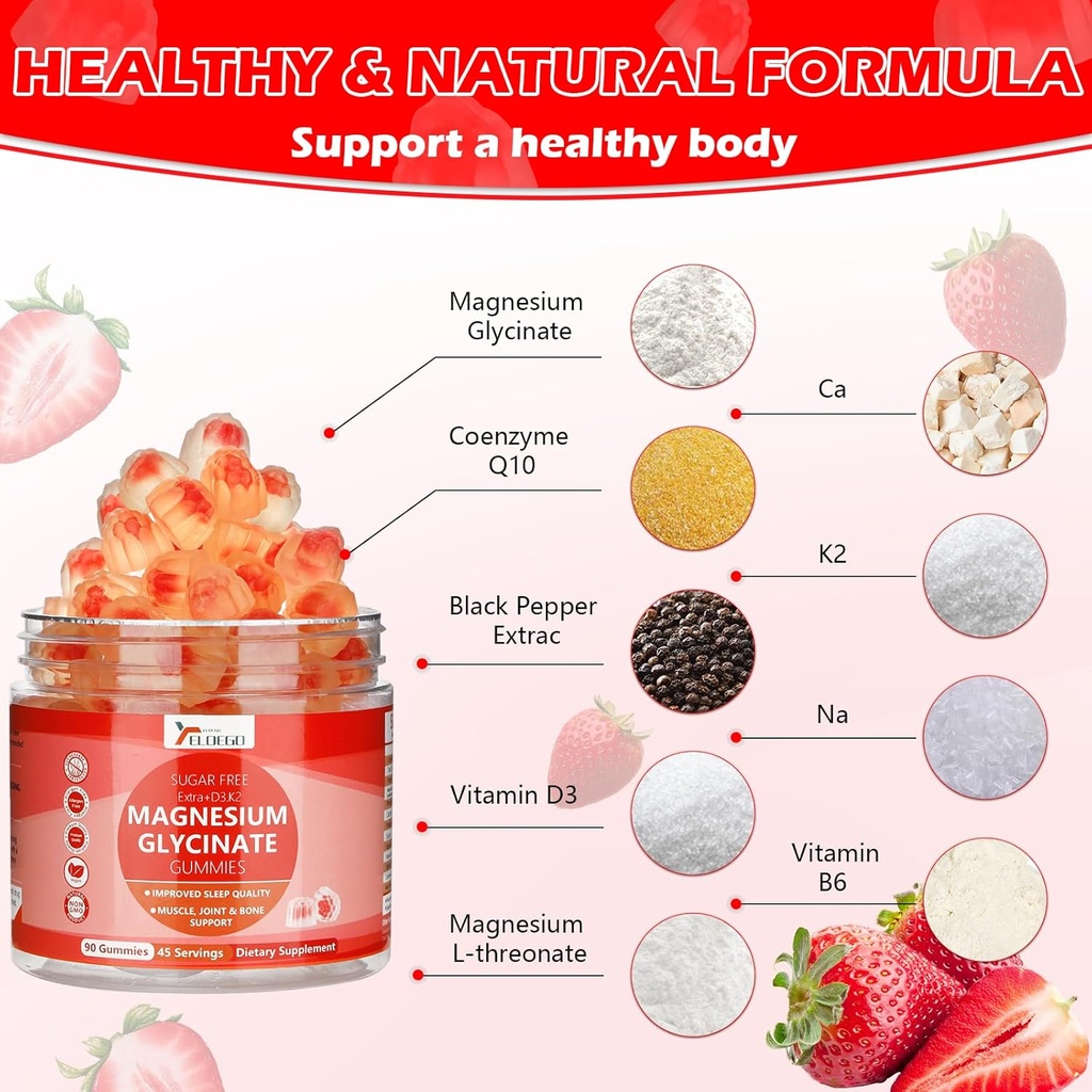 マグネシウムは大人のためのグミ600mg、マグネシウムのマレートが付いている砂糖の自由なマグネシウムのカリウムの補足、ビタミンD3、K2、B6およびカルム、睡眠、筋肉サポートのためのCoQ10を-いちご、90の計算重合します