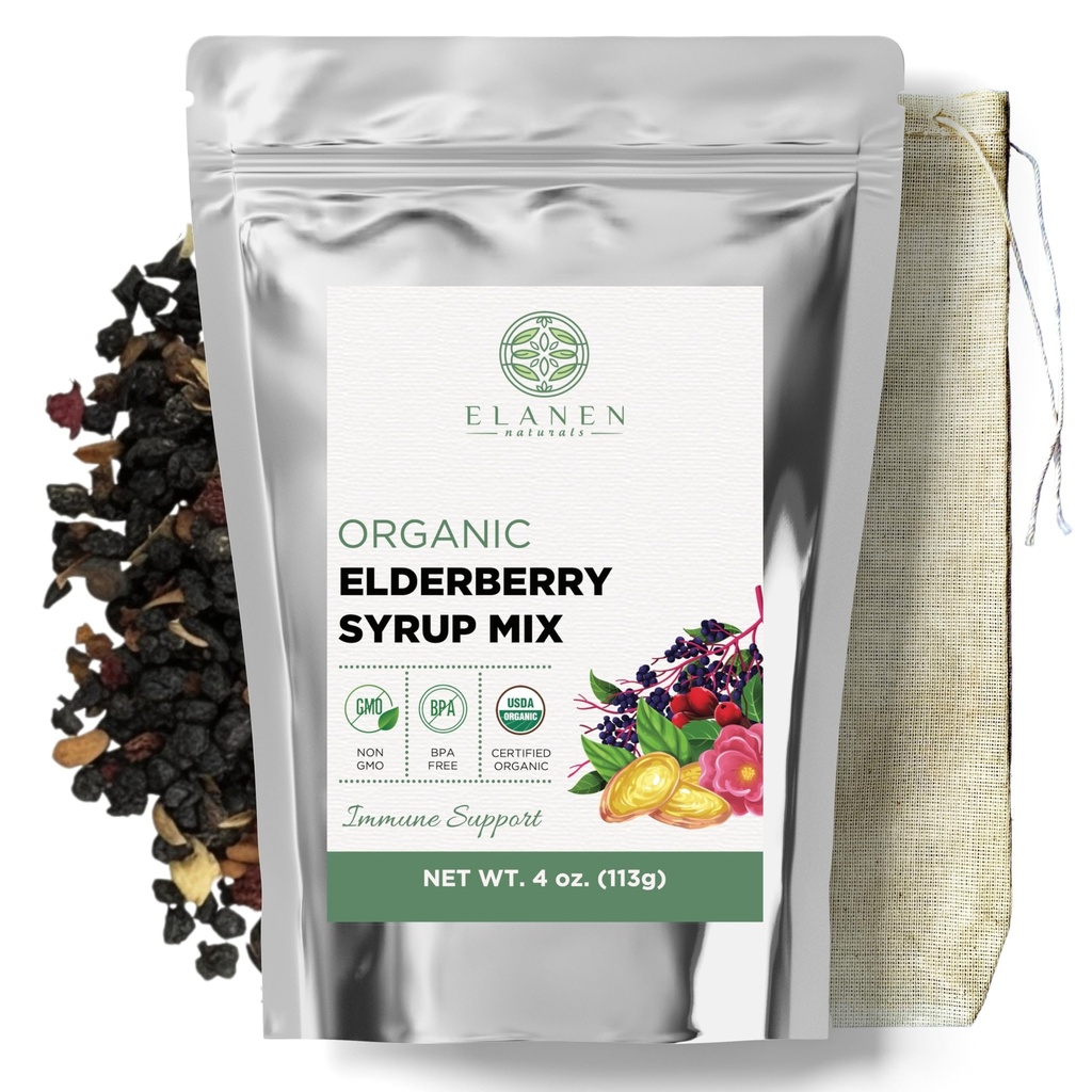 Elanen Naturalsオーガニックエルダーベリーシロップキット、最大24オンス、天然コットンブルーバッグ、USDA認定有機乾燥エルダーベリーと免疫サポートハーブ、バルクキット、4オンスが含まれています。 (113g)