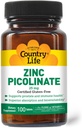 Country Life Zinc Picolinate 25 mg - Superior Absorption Zinc Supplement for Immune Support, Prostate Health & Cellular Wellness - Certified Gluten-Free, Vegan & Halal, Non-GMO - 100 Tablets