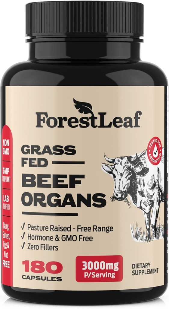 ForestLeaf Beef Organ Supplement - Grass Fed & Pasture Raised - Total Body Wellness & Performance, Organ Complex with 3000mg of Desiccated Beef Liver, Heart, Kidney, Pancreas, Spleen (180 Capsules)