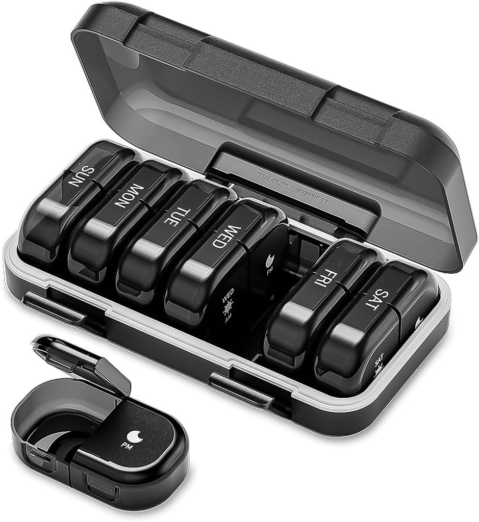 週刊ピルオーガナイザー2日、AM PM Pillオーガナイザー7日、ポータブルPillケース14日、湿気の証拠の大きい丸薬ディスペンサー、ビタミンの補足のための大きい旅行丸薬箱(黒)