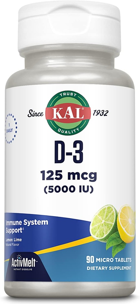 KALのビタミンD-3 5000 IUのActivMelt、即刻の分解、自然なレモン ライムの味、健康な免疫機能及び骨サポート、90のサービング、90のマイクロ タブレット