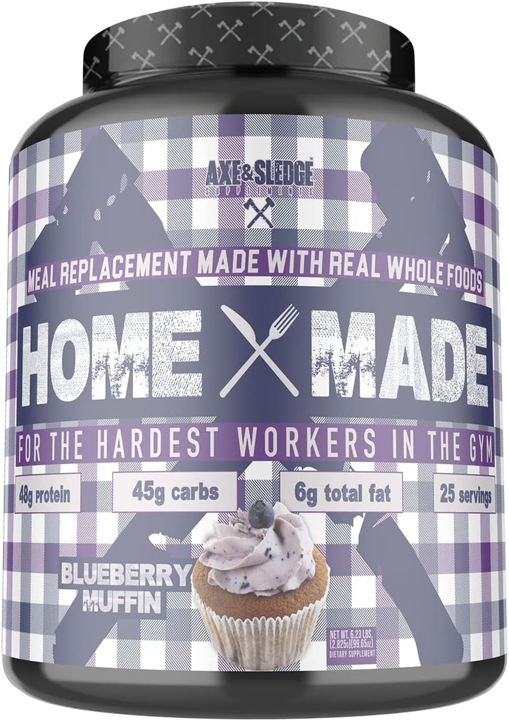 Axe & Sledge Supplements Homeは、消化酵素、タンパク質、炭水化物、脂肪、25のサービング、ブルーベリーマフィンと食品ベースの食事の交換パウダーを生産しました
