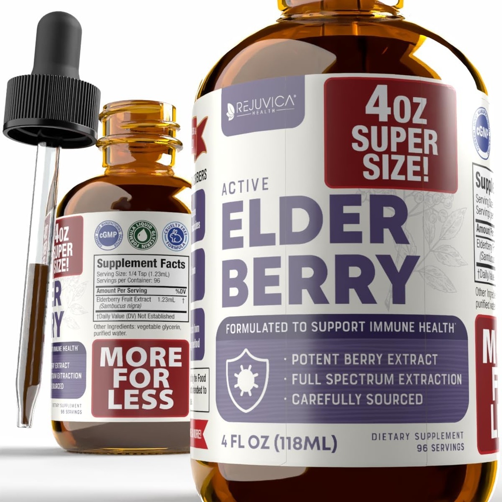 Rejuvica 健康活動的な Elderberry 4oz XL の極度のサイズ - 高度の Elderberry の液体のエキス - 免疫サポート低下-ビーガン砂糖の自由な非 GMO のチンチャー