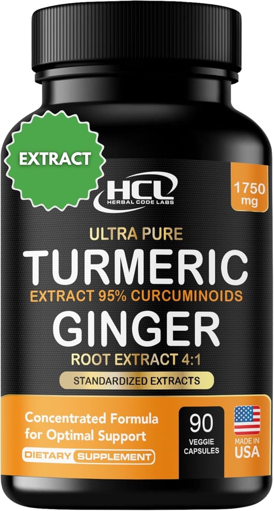 Turmeric Curcumin with Ginger – 1750mg High-Potency Formula with 95% Standardized Curcuminoids and Ginger Extract – Black Pepper for Enhanced Absorption – 60 Vegan Capsules
