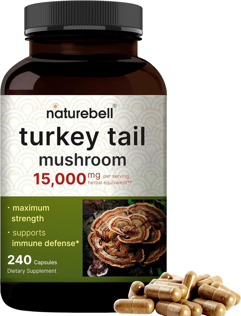 NatureBellのトルコの尾きのこのカプセルのサービングごとの15,000mg、240の計算  25:1のフルーツ ボディ及びmyceliumのエキス–免疫及び脳の健康のきのこの補足