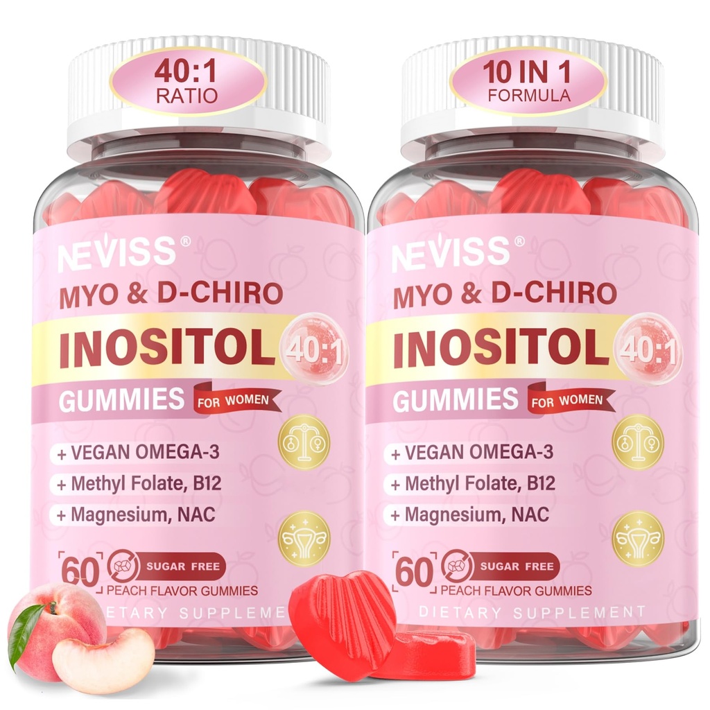 女性のためのミオイノシトール&D-シロイノシトールグミ 2000mg + 50mg、40:1 ビーガンオメガ3 + D3、マグネシウムグリシン、メチルフォレート+女性健康&ウェルネス、砂糖無料、120 Cts