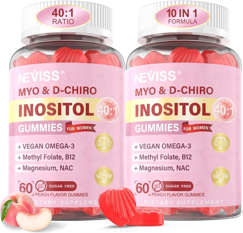 Myo-Inositol & D-Chiro Inositol Gummies for Women 2000mg + 50mg, 40:1 Ratio Inositol with Vegan Omega-3 + D3, Magnesium Glycinate, Methyl Folate + B12 for Female Health & Wellness, Sugar Free, 120 Cts