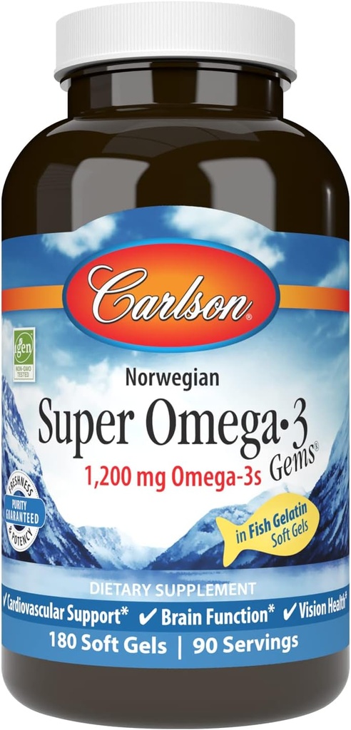 Carlson - Super Omega-3 Gems, 1200 mg Omega-3s, Cardiovascular Support, Brain Function & Vision Health, Norwegian, 180 soft gels