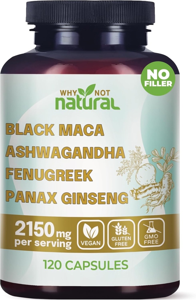 Why Not Natural 4-in-1 Organic Black Maca Root, Ashwagandha, Fenugreek, Panax Ginseng Capsules, Supplement for Men and Women