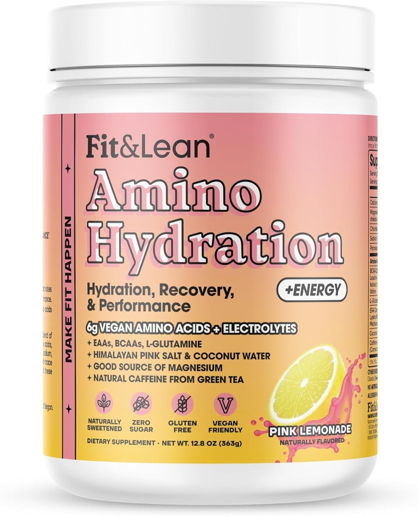 Fit & Lean Amino Hydration Plus Energy, Pre Workout Powder, 6g Vegan Essemtial Amino Acids, EAA, BCAA, Glutamine, Electrolytes & Natural Caffeine, Pink Lemonade, 30 Serve