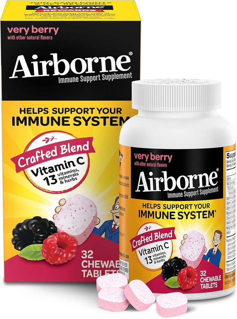 AirborneのビタミンC 1000mg (サービングごとの)非常に果実のChewableのタブレット(箱の32の計算)、ビタミンA C E、亜鉛、Selenium、Echinacea及びジンジャー、酸化防止剤が付いているグルテンフリーの免疫サポート補足、