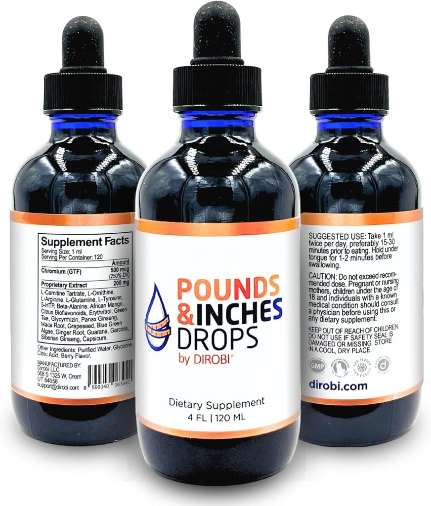 Dirobi Pounds and Inches Weight Management Drops, Liquid Supplement for Women and Men, Diet-Pill Alternative with Delicious Blueberry Flavor