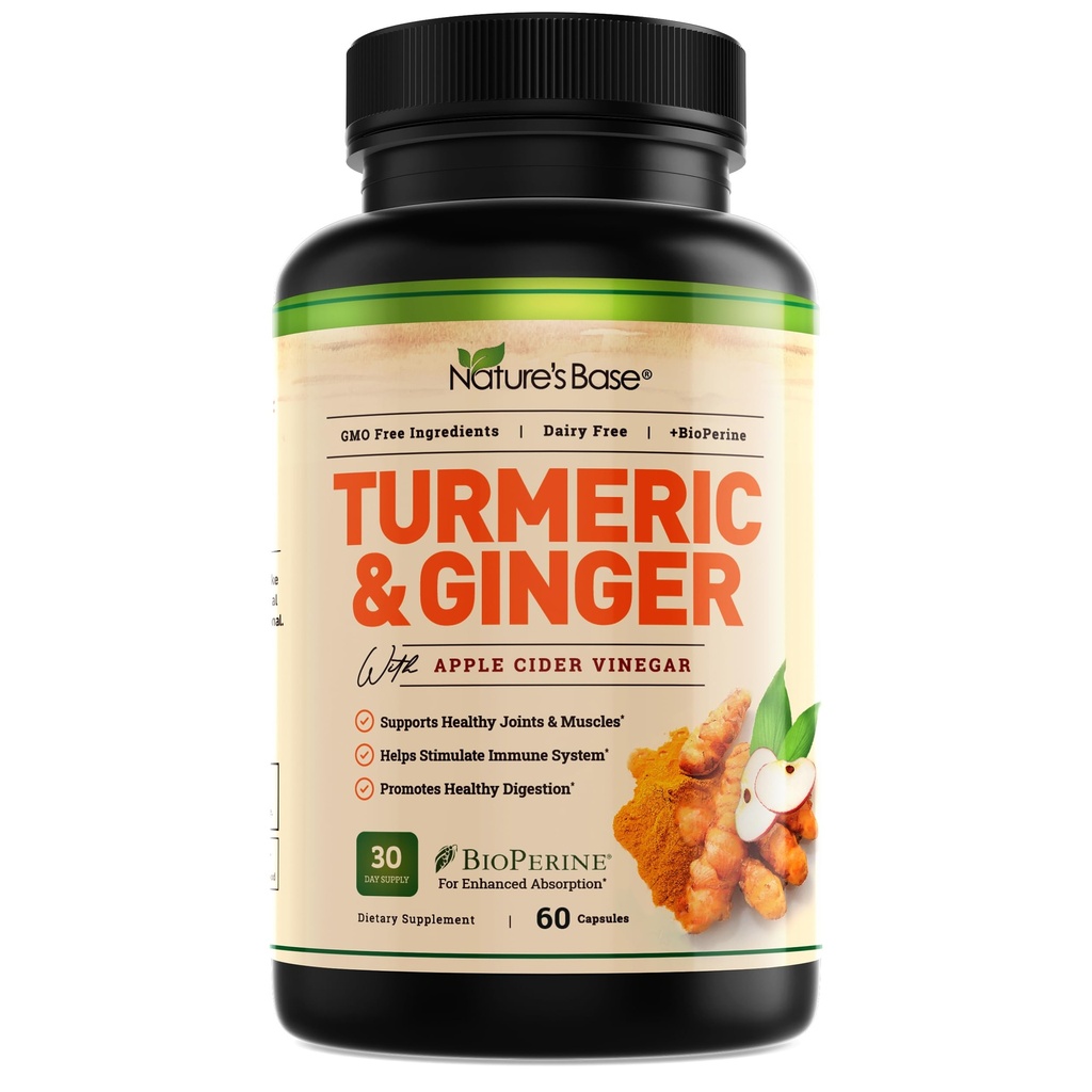自然のベースターメリックとジンジャーサプリメント - Curcumin、Apple Cider Vinegar&BioPerine Black Pepper Extract - 95% Curcuminoids - 60カプセル