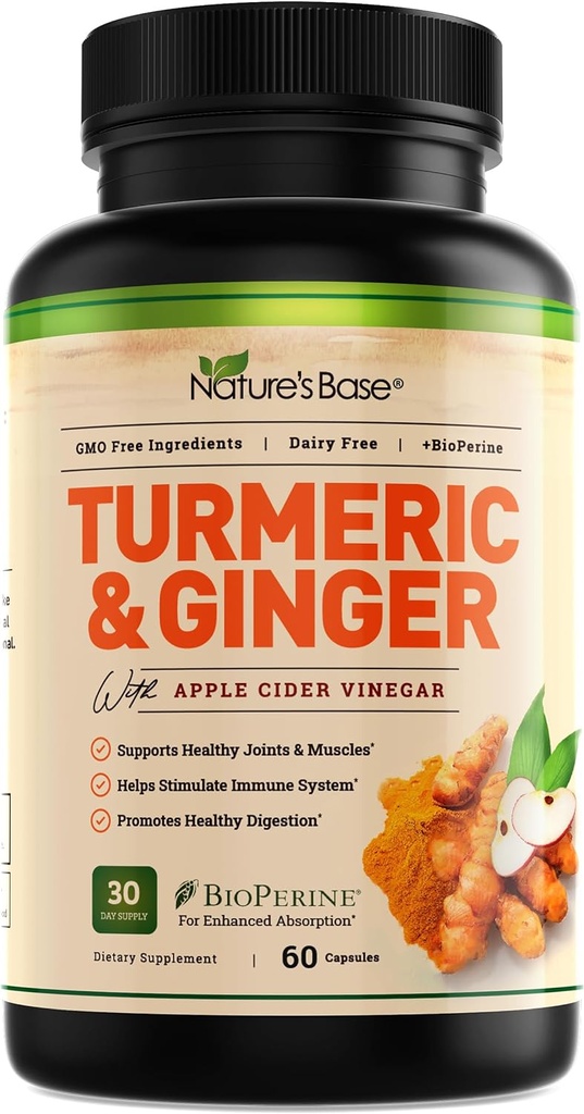 自然のベースターメリックとジンジャーサプリメント - Curcumin、Apple Cider Vinegar&BioPerine Black Pepper Extract - 95% Curcuminoids - 60カプセル