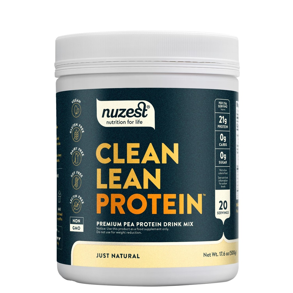 Nuzest - エンドウ豆プロテインパウダー - きれいなリーンプロテイン、プレミアムビーガン植物ベースのプロテインパウダー、乳製品無料、GMOフリー、タンパク質シェイク、ちょうどナチュラル(UNFLAVORED)、20サービング、1.1ポンド