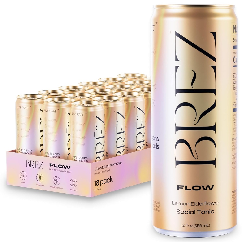 BREZ FLOWのライオンのマネのきのこの飲み物、18パック、非注入された、アダプトゲン、緩和、上昇および社会、スパークリングレモンエルダーフラワートニック12 Fl oz