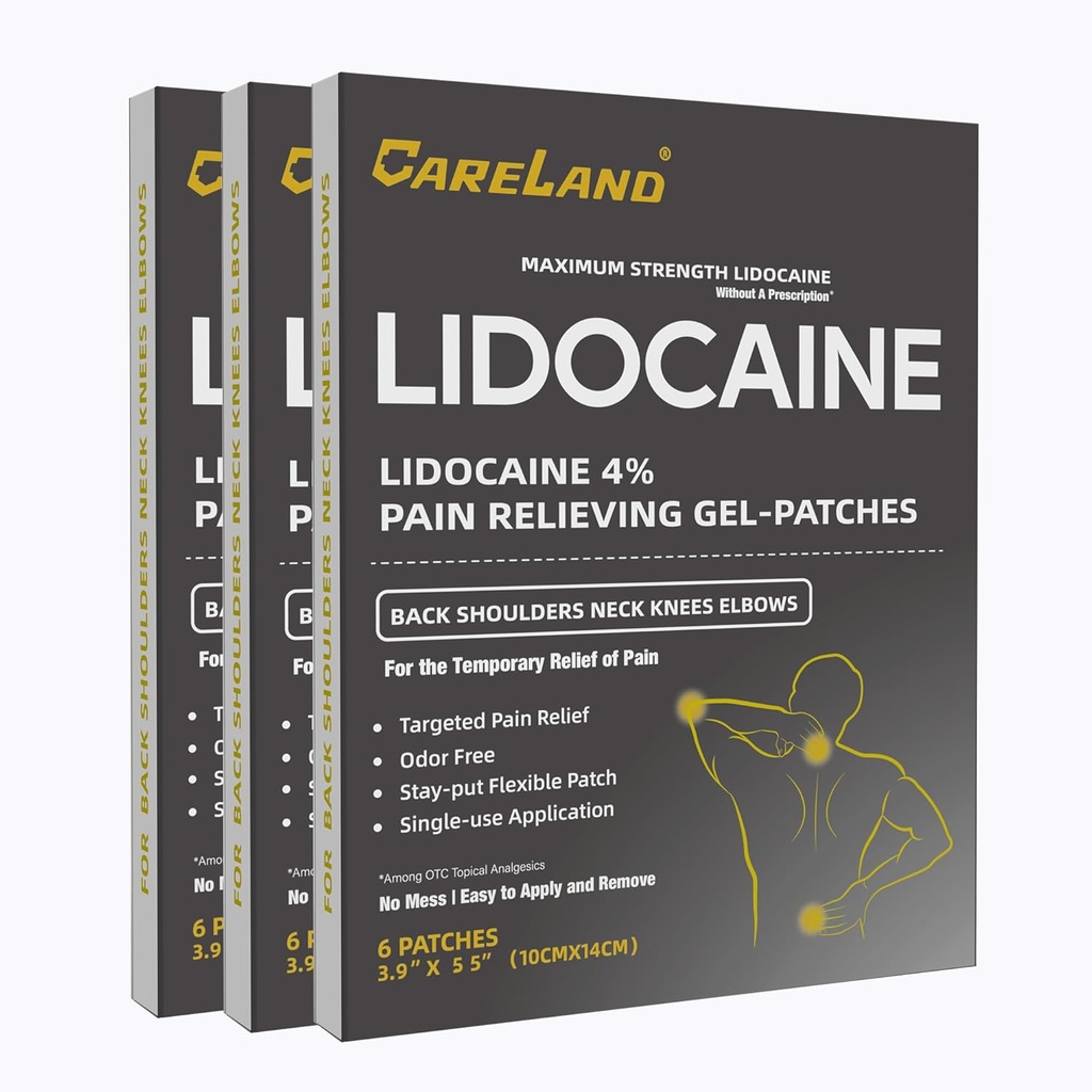 CARELAND Lidocaine Gel Patch, 18 Count Maximum Strength Pain Patches for Muscle Relief in Neck Knee Back and Shoulders Unscented Numbing Patch for Soothing Nerves, Joints