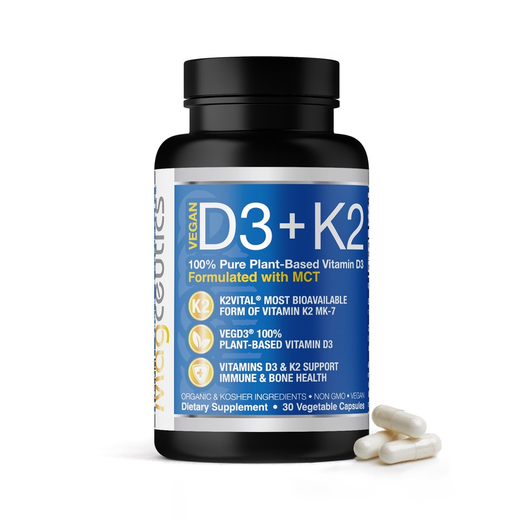 MCTとビタミンD3 K2、5000 IUビーガンD3&100 mcg MK7 K2、強力な骨と免疫健康をサポート - 30カプセル(30日供給)