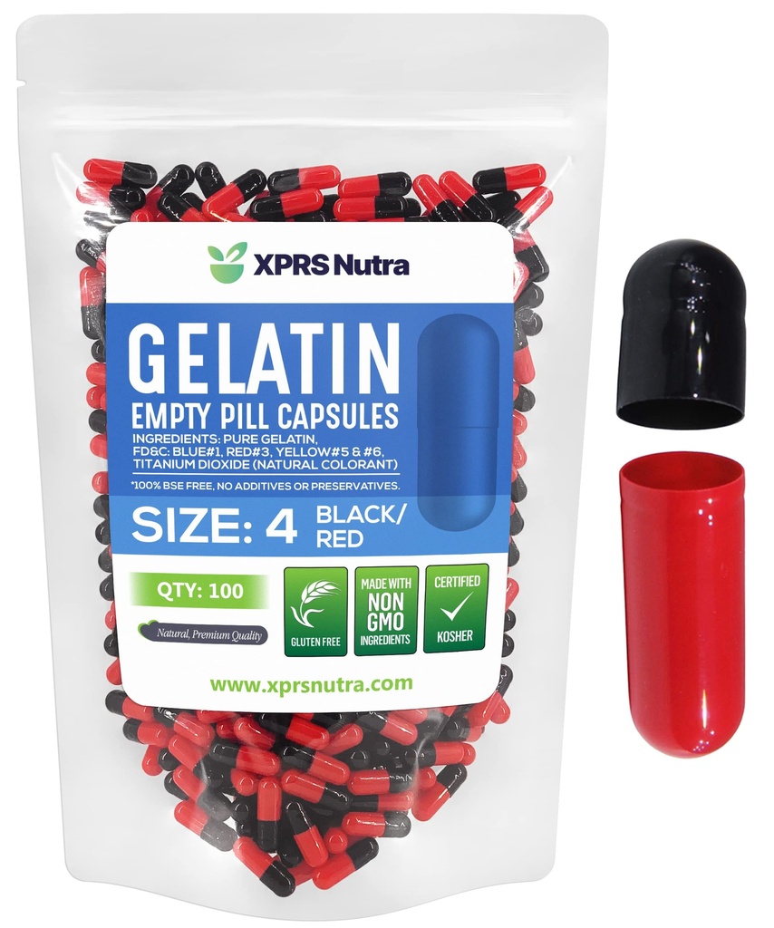 XPRSのNutraのサイズ4の空のカプセル-100の計算の小さい空のゼラチンのカプセル-Pills DIYのカプセルの詰物- Do-It-Yourselfの補足のための満たされた純粋な牛の丸薬のゲルの帽子(黒/赤)