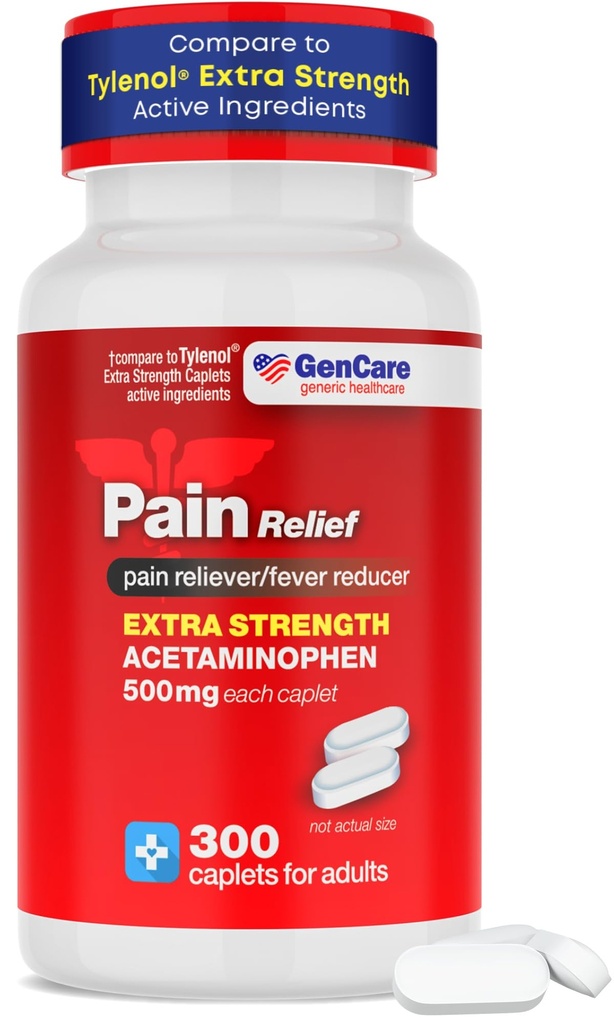 GenCare - アセトアミノフェン500mgの余分な強さの痛みの軽減(300のカプレット) - 頭痛、Sinus、関節炎、背部痛み筋肉痛、歯痛、ファーバーの減力剤、片頭痛