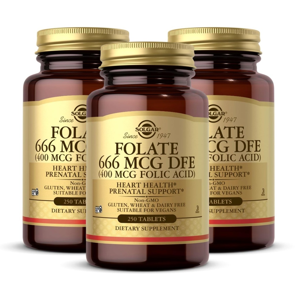 Solgar Folate 666 mcg DFE (Folic Acid 400 mcg) - 250 Tablets, Pack of 3 - Prenatal Support - Non-GMO, Vegan, Gluten Free, Dairy Free, Kosher - 750 Total Servings