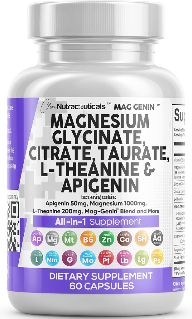 きれいなNutraceuticalsのマグネシウムはL-Theanine 200mg Apigenin 50mgのクエン酸塩の補足- 5-HTP GABAの情熱の花のレモン バルムL-GlycineのPhosphatidylserine - 60の計算と複雑な1000mgをグリシンにします