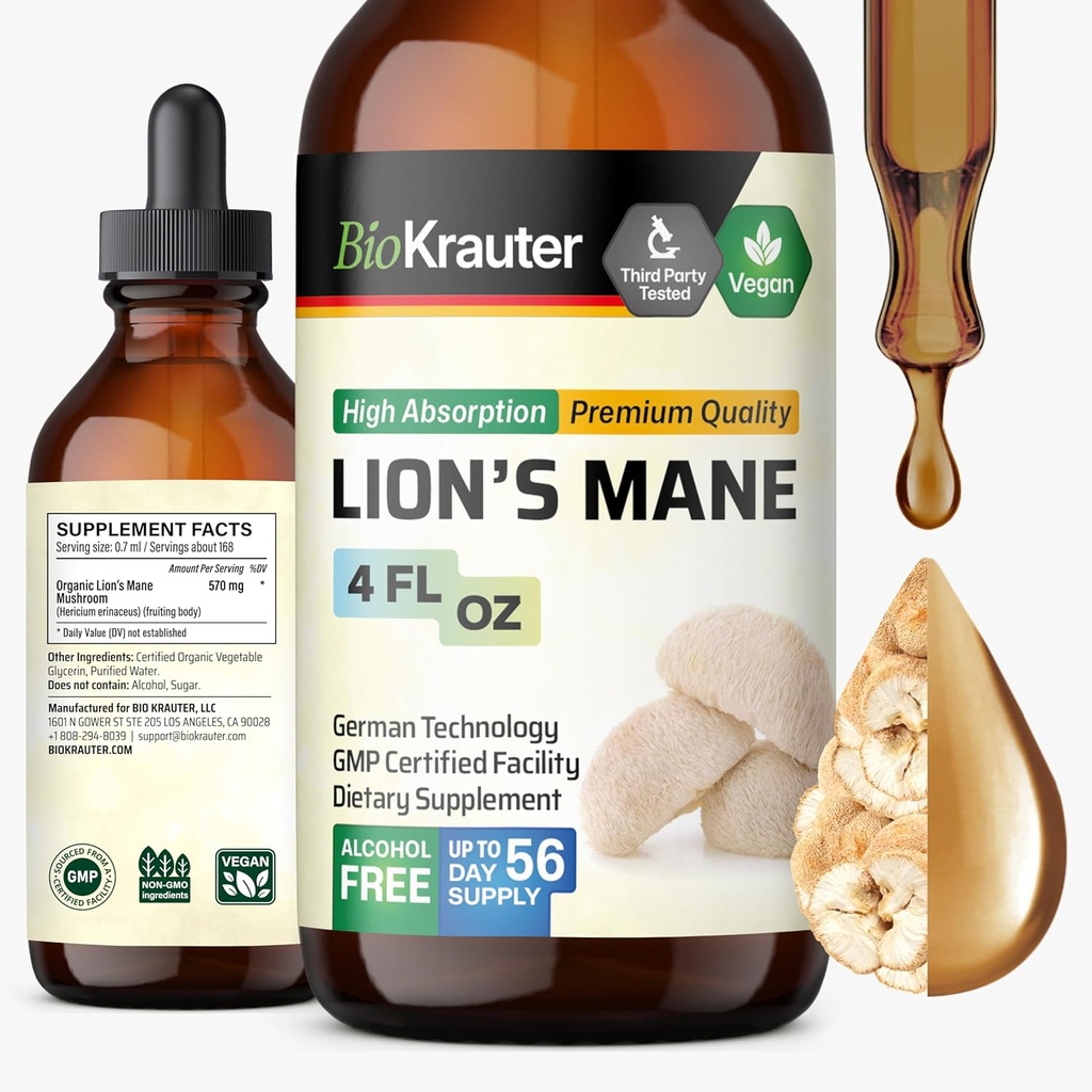 BIO KRAUTER Lions Mane Liquid Extract - 脳サポートのためのキノコサプリメント - ビーガンライオンズマネサプリメント - アルコール&砂糖無料ドロップ - 4 Fl.Oz.
