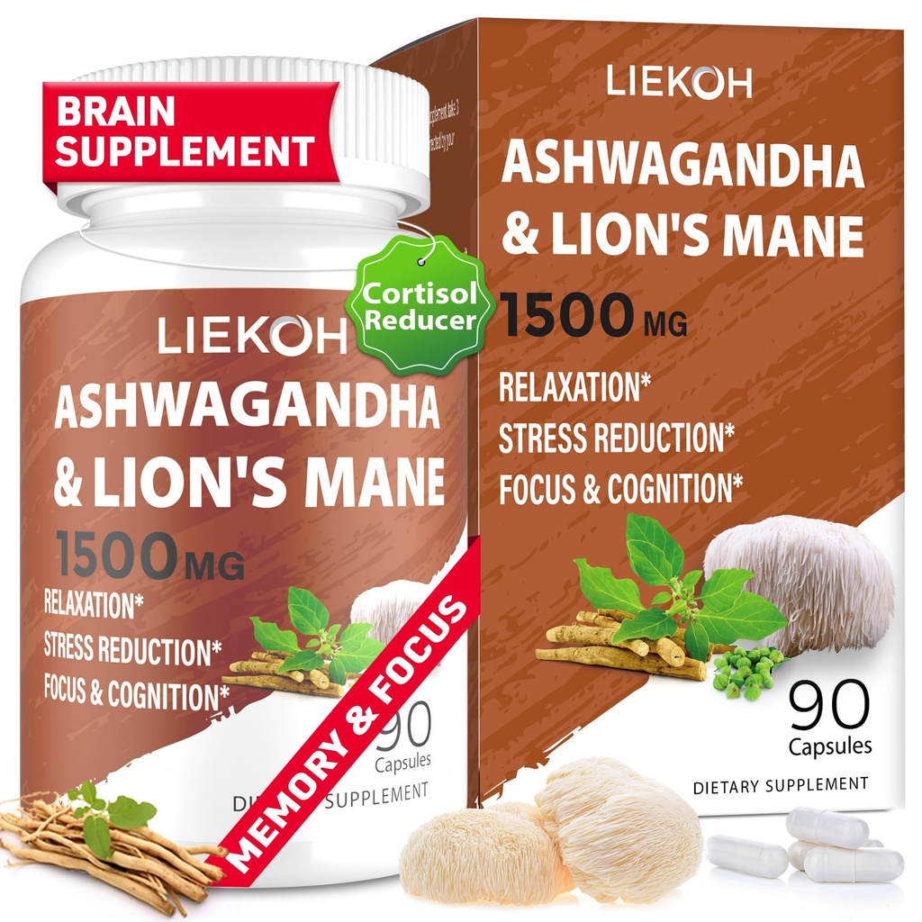 Ashwagandha & Lions Mane Supplement Capsules, Brain Supplements for Memory and Focus, Ashwagandha Supplements with Rhodiola & Black Peppe, Cortisol Supplements for Women & Men,90キャップ