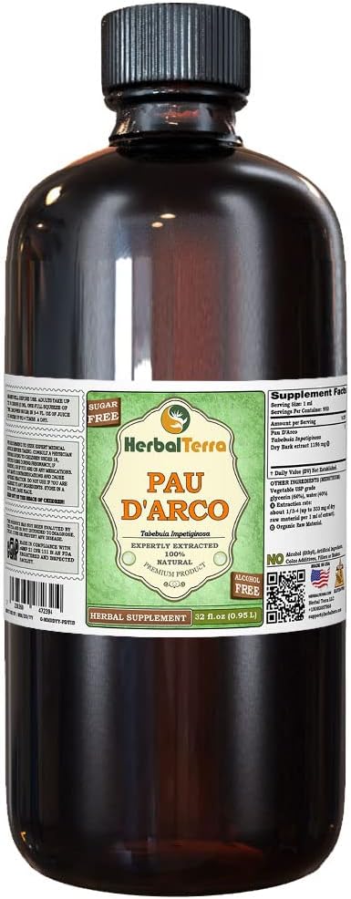 PAU d'arco (Tabebuia Impetiginosa) グリセライト, 乾燥樹皮アルコールフリー液体抽出物 (ブランド名: HerbalTerra, 米国製) 32 fl.oz (0.95 l)