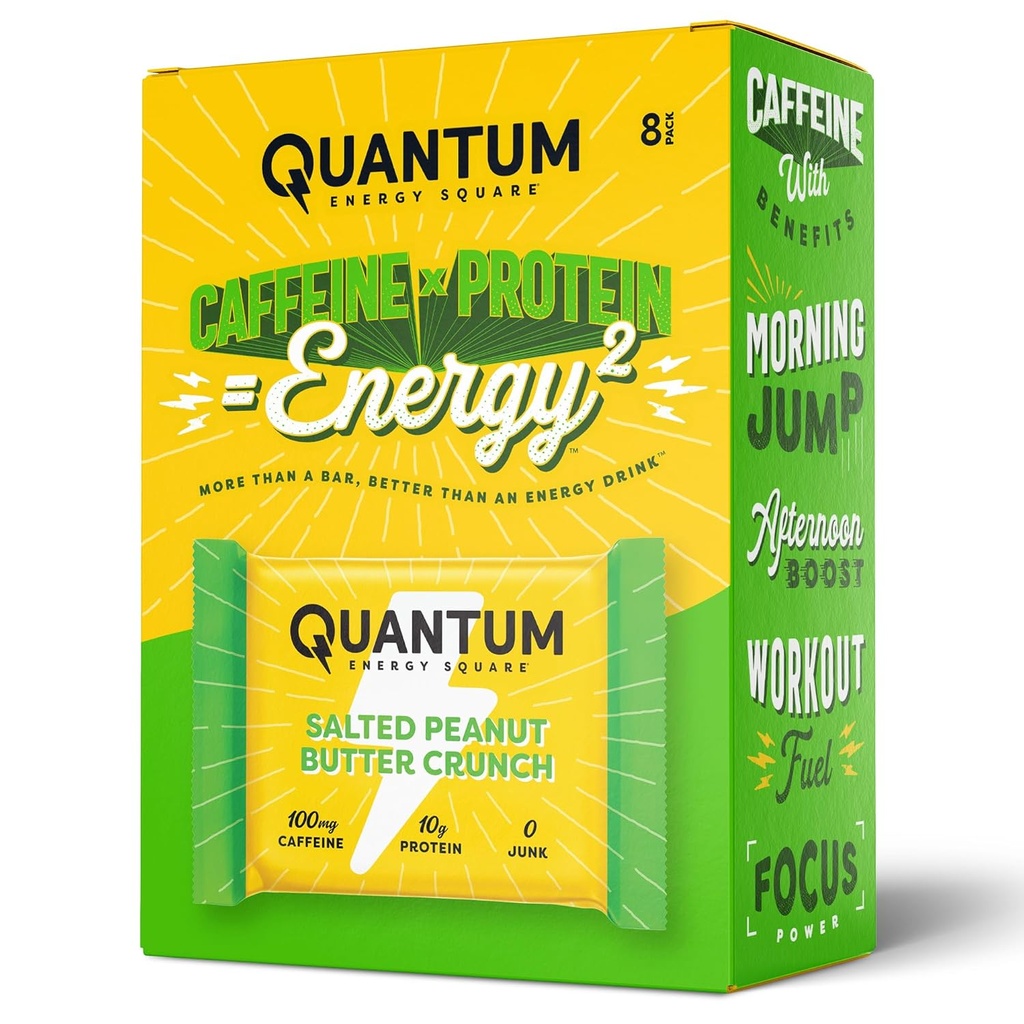 Quantum Energy Square: Energy Bar with Caffeine & 10g Protein. Delicious Healthy Snack On The Go. (Vegan, Gluten-free, Soy-free, Dairy-free) (Salted Peanut Butter Crunch)