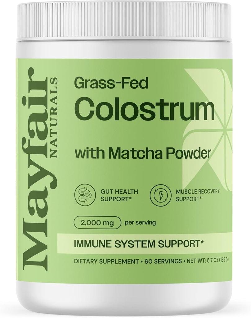 Grass-Fed Bovine Colostrum Supplement with Matcha Green Tea Powder, for Kids & Adults, Immune System Support, Gut Health and Muscle Recovery, 60 Servings