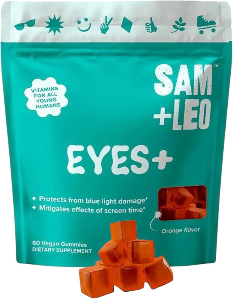 SAM+LEO EYES+ Kids Gummy Vitamins - All Natural, Vegan Eye Vitamins for Kids & Teens - Vitamin A, Zinc, Lutein and Zeaxathin Gummies - Orange Flavor - 60/ct