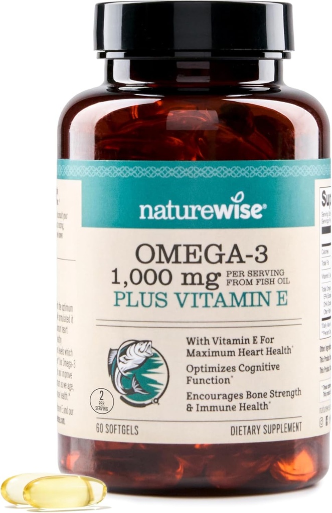 NatureWise Extra-Strength Omega 3フィッシュオイルサプリメント - サービングあたり1000mg - 600 EPA&400 DHAとビタミンE - ハート&脳の健康のためのサポート - レモンフレーバー、GMOフリー - 60Softgels[1ヶ月の供給]