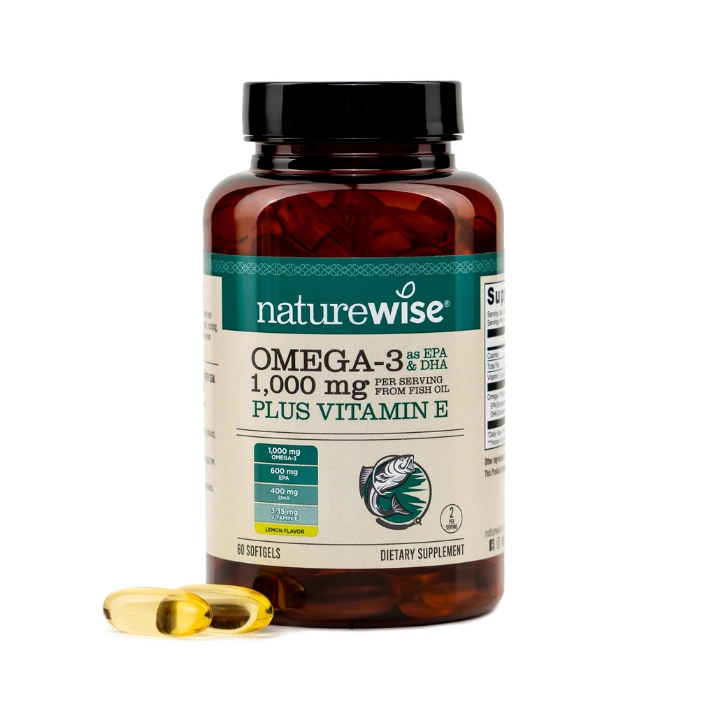 NatureWise Extra-Strength Omega 3フィッシュオイルサプリメント - サービングあたり1000mg - 600 EPA&400 DHAとビタミンE - ハート&脳の健康のためのサポート - レモンフレーバー、GMOフリー - 60Softgels[1ヶ月の供給]